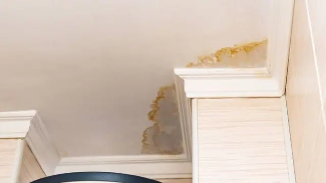 Brown water stain on a ceiling near crown molding