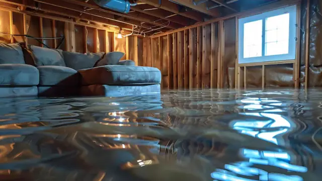Flooded basement with stripped wall framing and a sofa in standing water