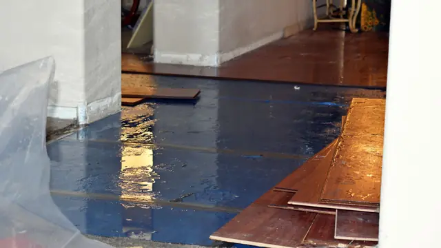 Hardwood boards lifted from a wet subfloor covered with plastic