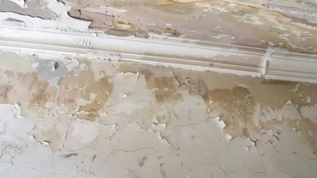 Peeling paint and water staining along the top of an interior wall