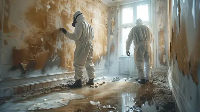 Two workers in protective suits inspecting mold on a water-damaged wall