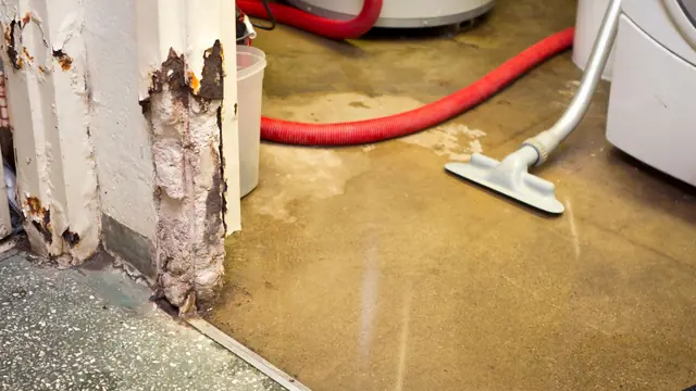 Wet vacuum removing water from a basement floor near a water heater