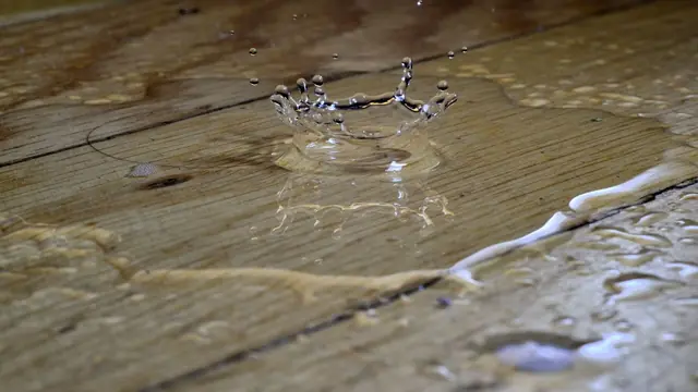 Water beading on hardwood floor boards